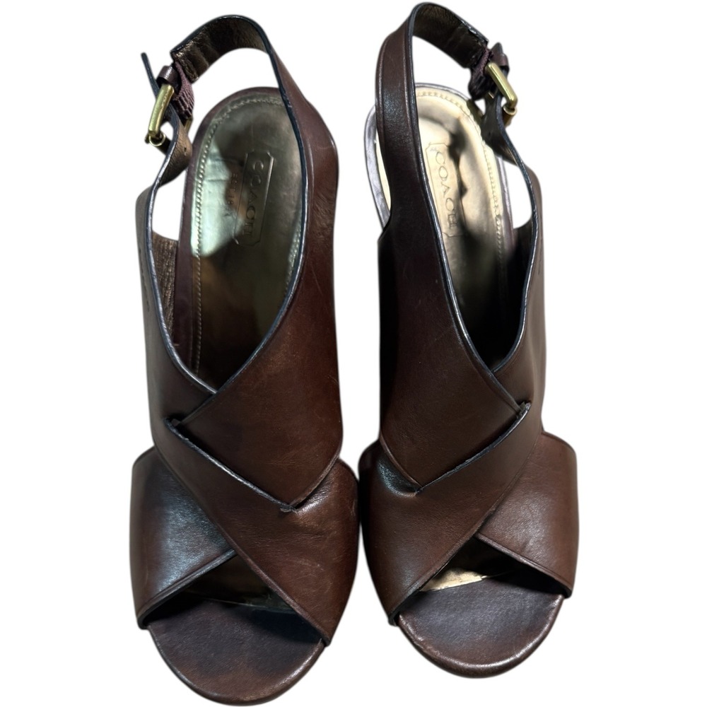 Coach Jamila‎ Wedge Sandals Brown Leather Open Toe Heels Size 8.5B - Picture 6 of 11